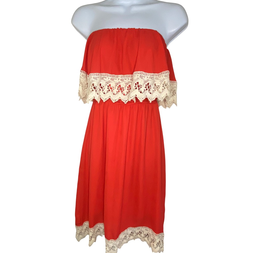 Peach Love California Red Strapless Crochet Lace Trim Boho Mini Dress Womens